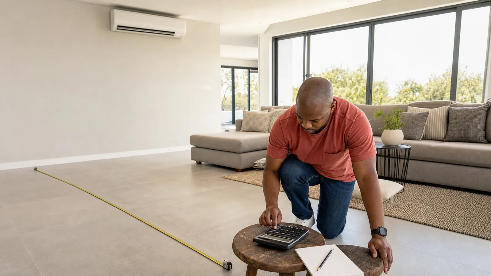 Homeowner measuring a room and estimating air conditioning costs