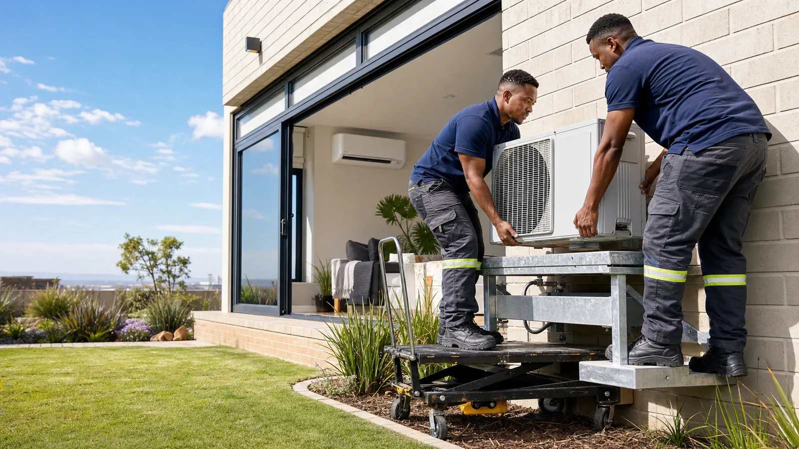 Two technicians lifting a grey outdoor condenser onto a wall bracket outside a modern brick home