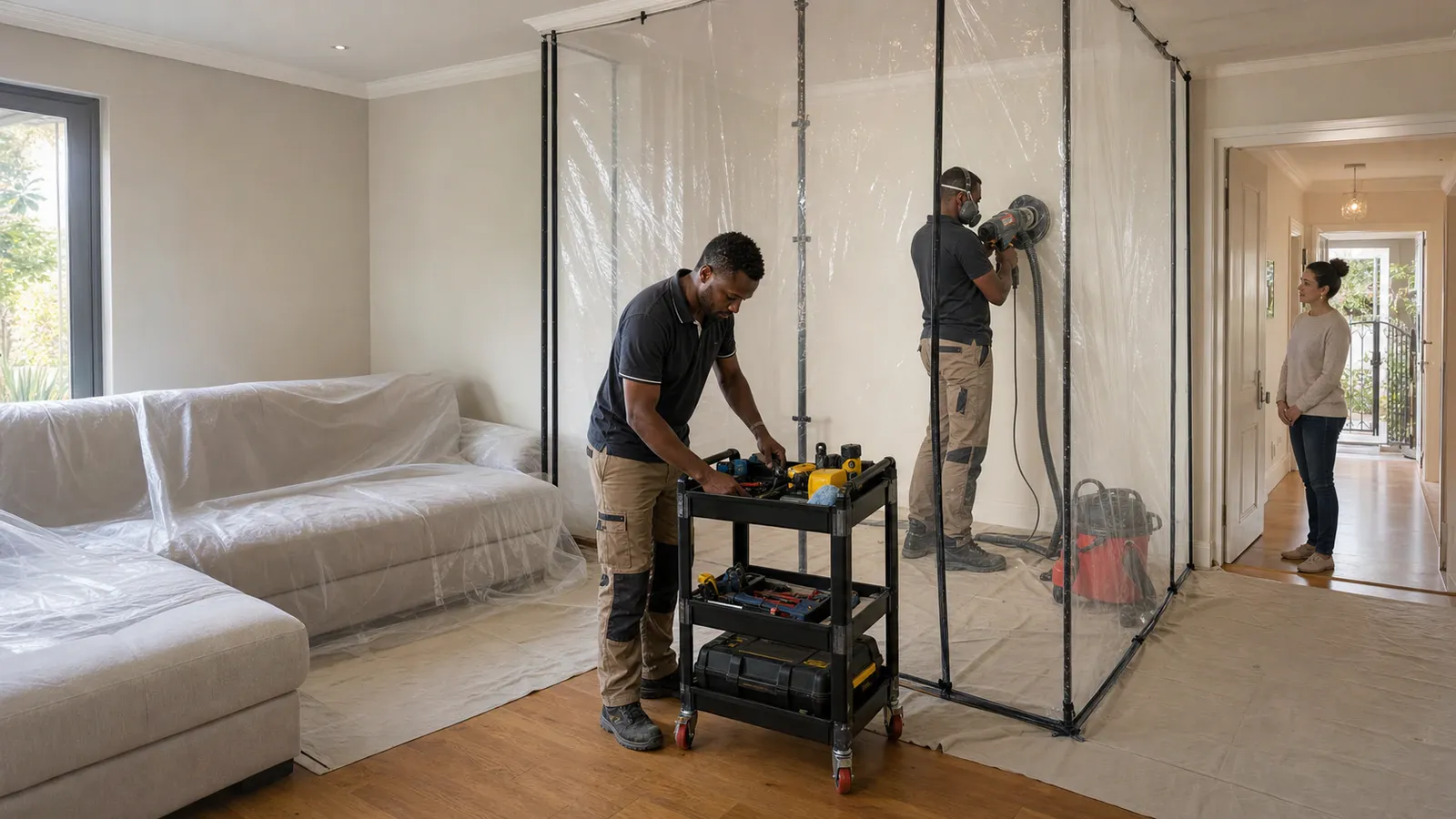 Technicians prepping a plastic-sheeted lounge with dust barrier and covered furniture during an aircon install