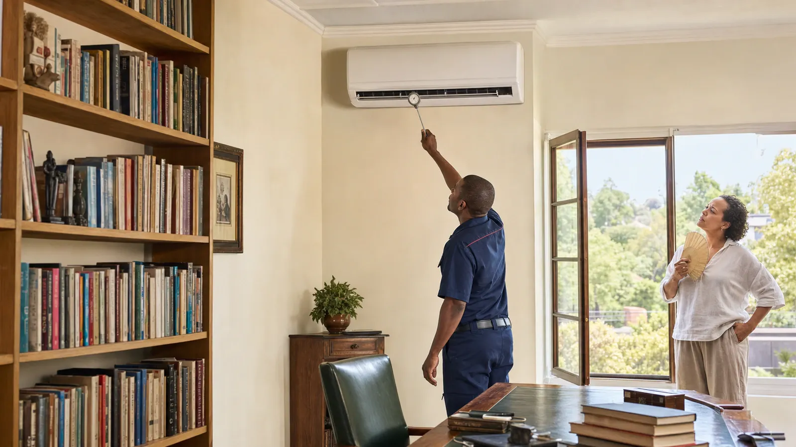 Technician holding a temperature gauge to a wall split unit as a warm woman fans herself