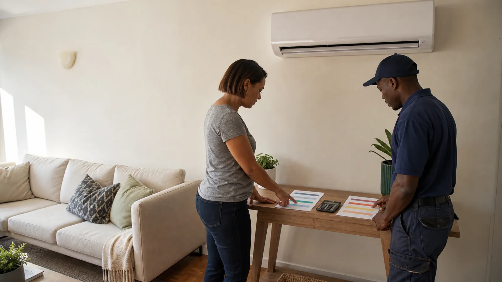Homeowner and technician reviewing printed price charts and a calculator below a wall-mounted split unit