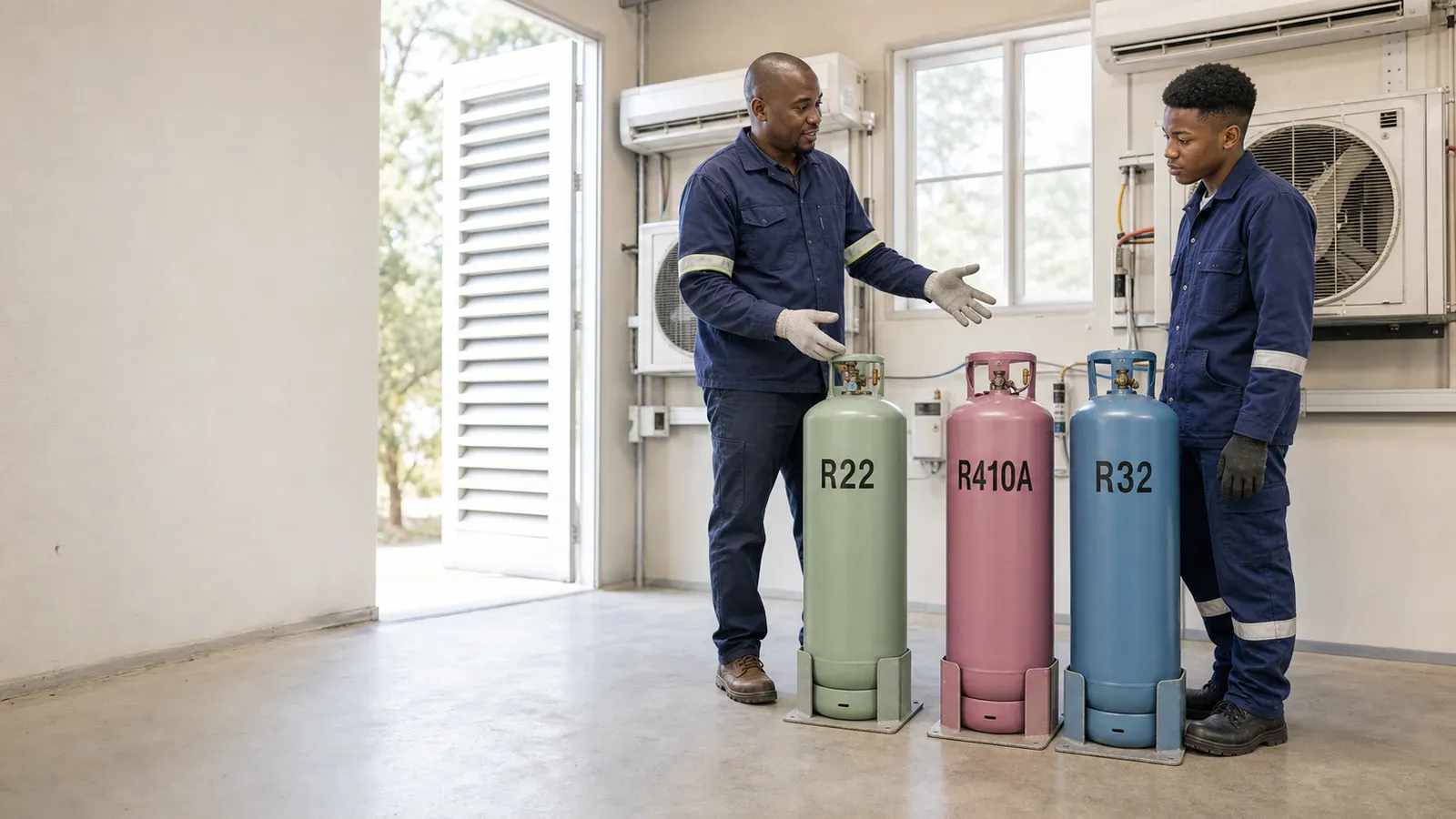 Two technicians comparing colour-coded refrigerant cylinders labelled R22, R410A and R32 in a workshop