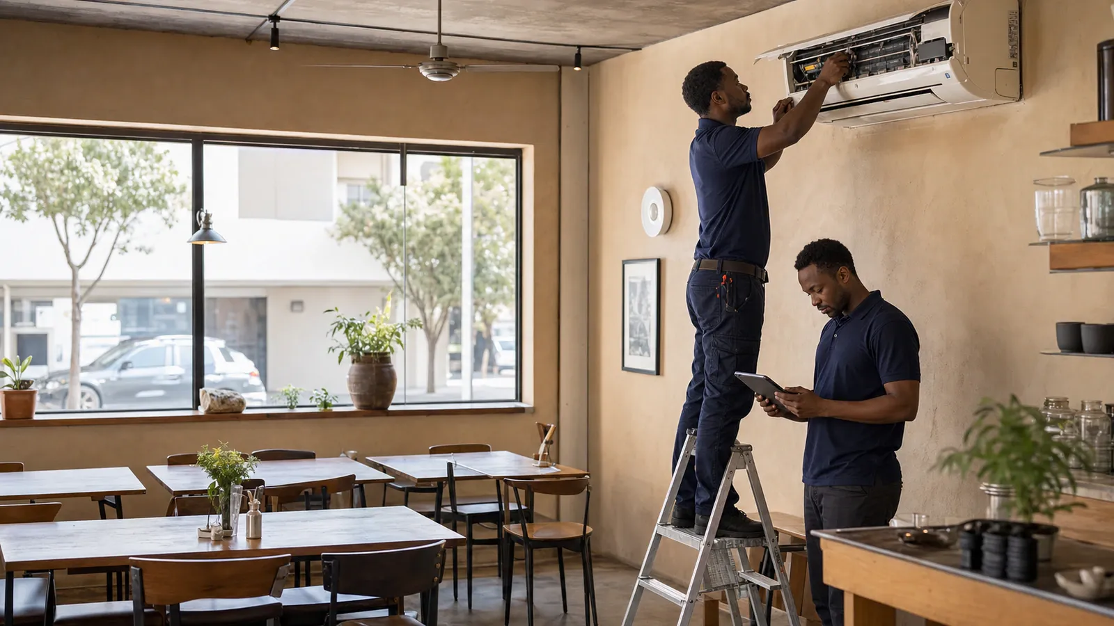 Technician on a ladder repairing an open indoor split unit as a colleague checks a tablet