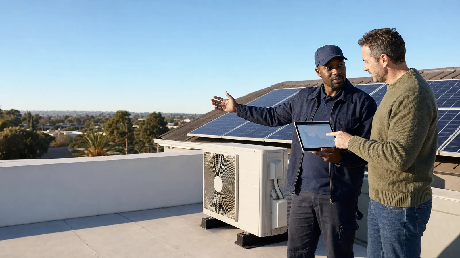 Technician showing a homeowner usage graphs on a tablet beside rooftop solar panels and outdoor unit