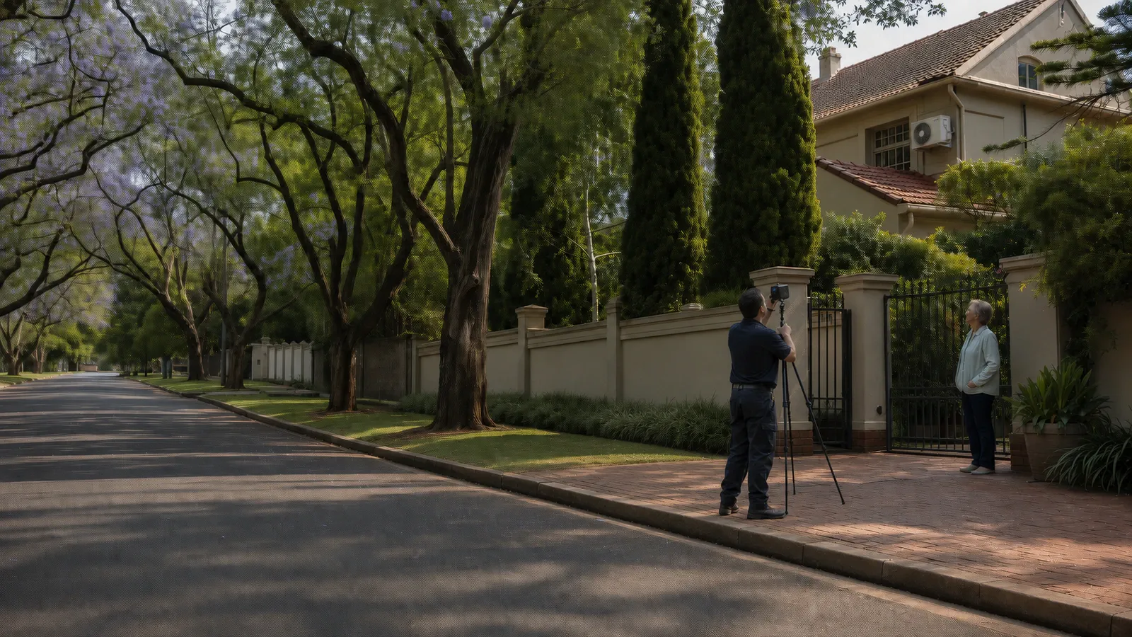 Technician with tripod camera surveying a leafy walled home, outdoor aircon condenser on the facade