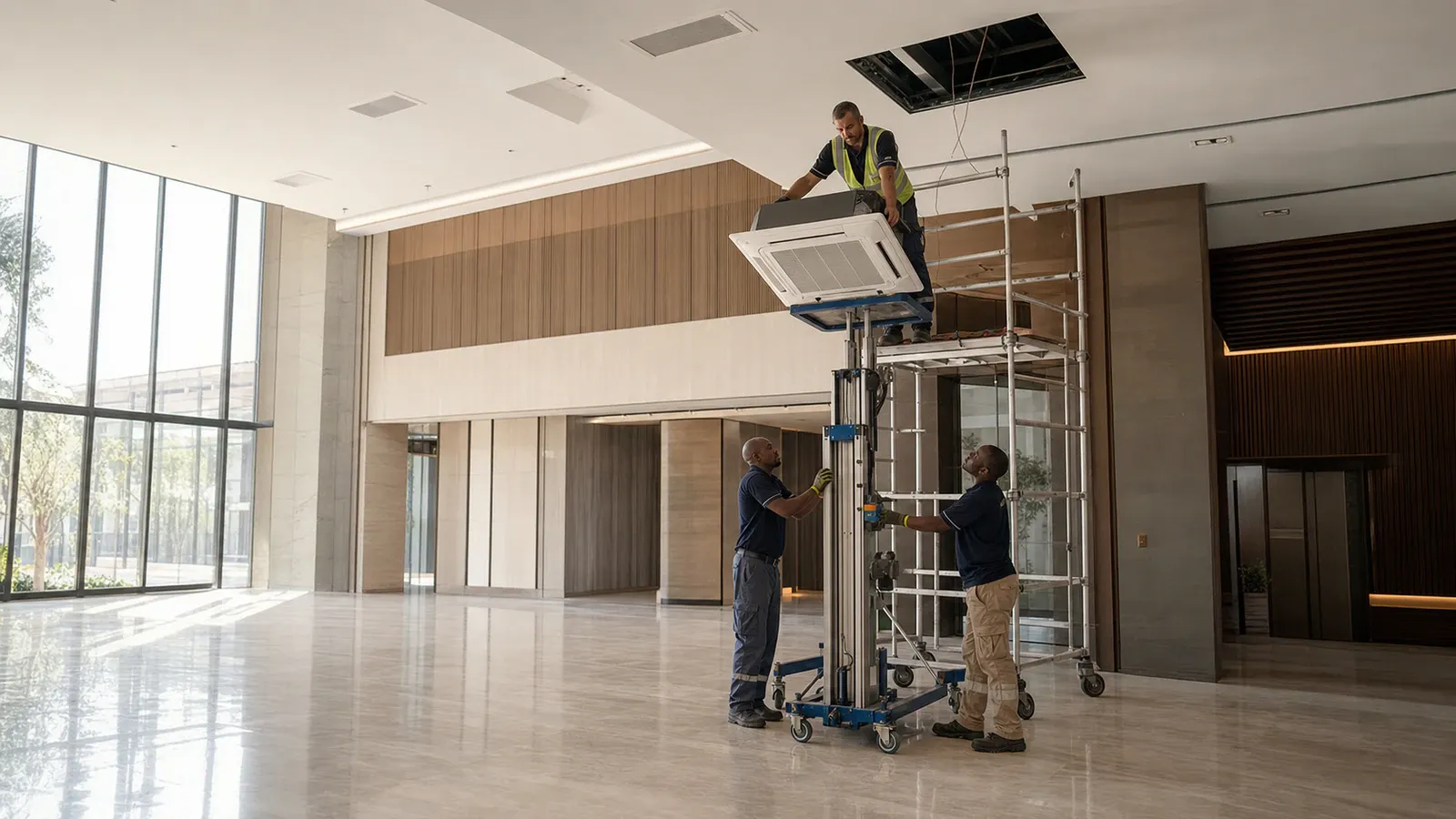 Technicians on a mobile scaffold fitting a white ceiling cassette unit into a marble commercial lobby ceiling