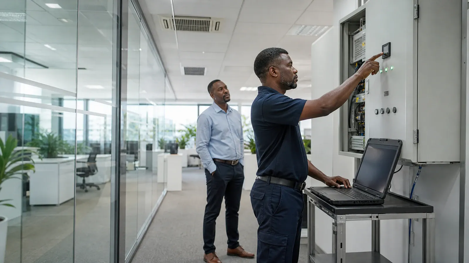 Technician adjusting an HVAC control panel with a laptop as a manager watches in a glass-walled office