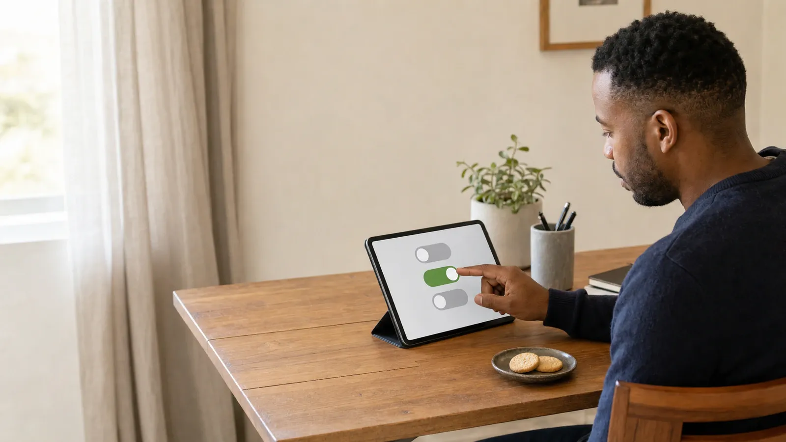 Homeowner reviewing privacy preferences on a tablet