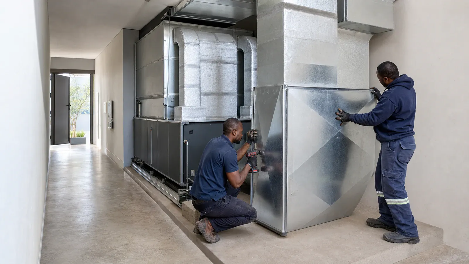 Two technicians fitting galvanised ductwork and an air handler unit along a modern home hallway