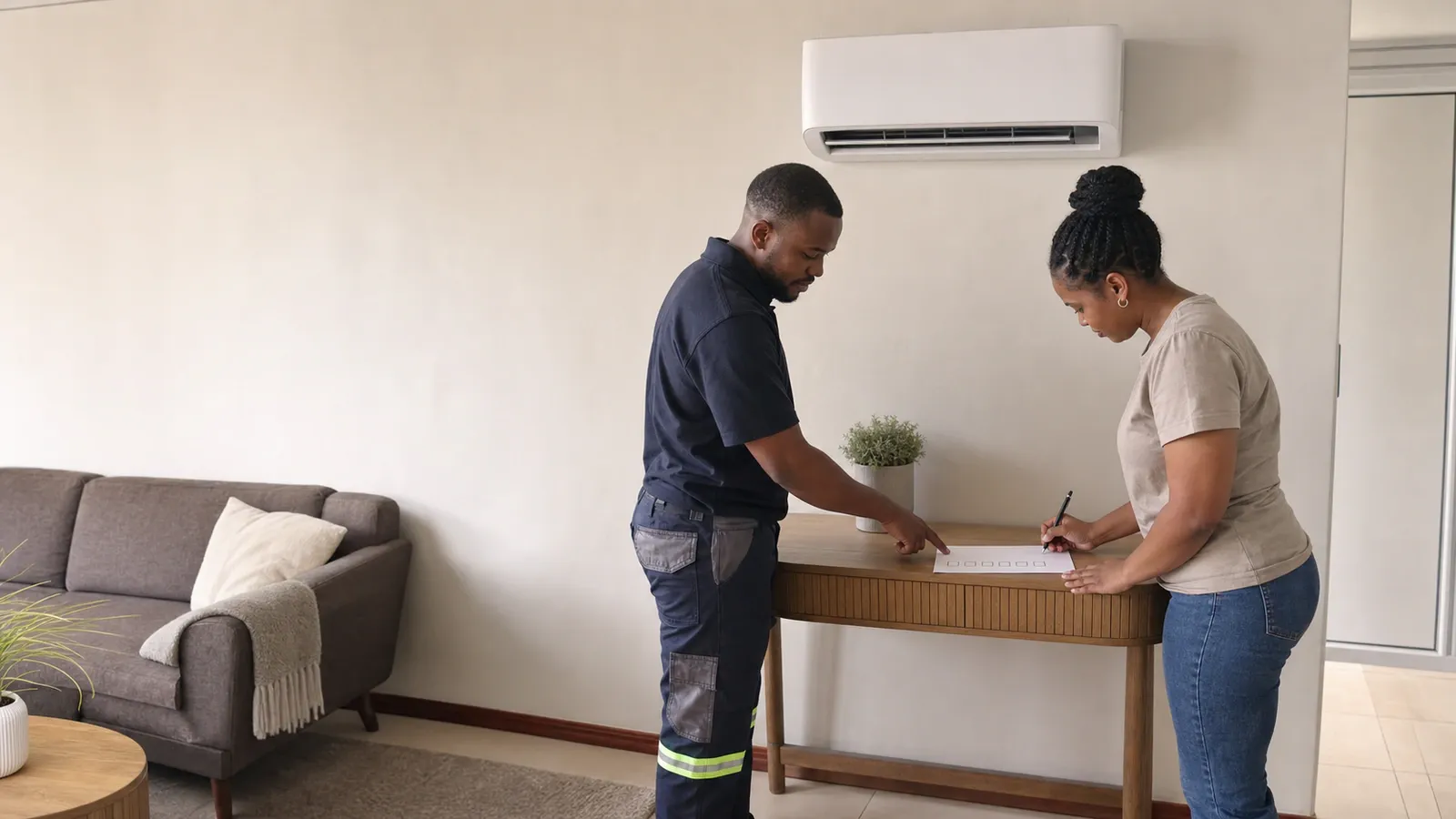 Technician pointing at booking paperwork while a homeowner signs it beneath a wall-mounted split unit