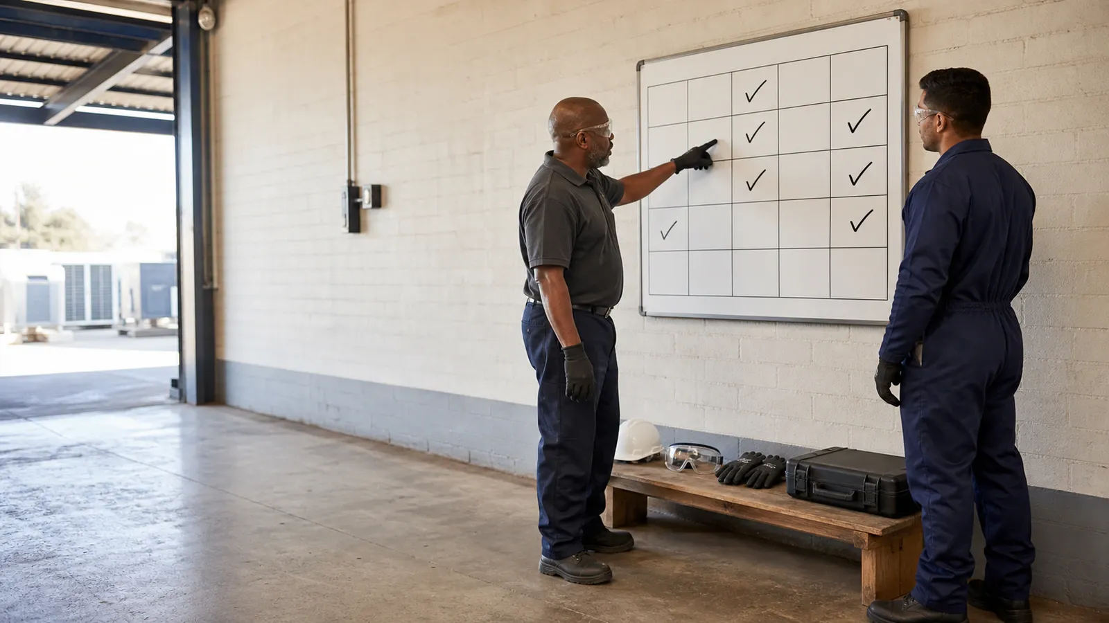 Senior aircon technician pointing at a ticked whiteboard checklist while training a colleague in a workshop