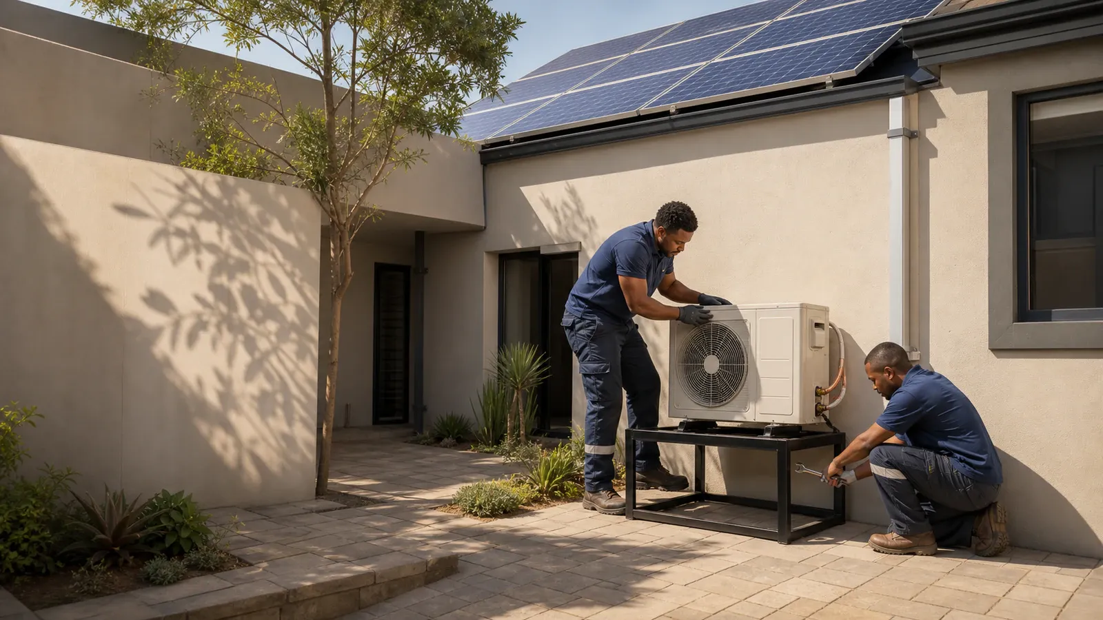 Two technicians installing a white outdoor inverter condenser on a courtyard stand below rooftop solar panels