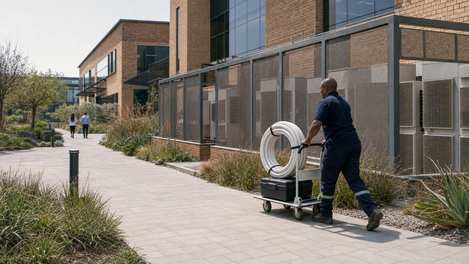 Technician pushing a trolley loaded with coiled aircon piping past a brick office-park building