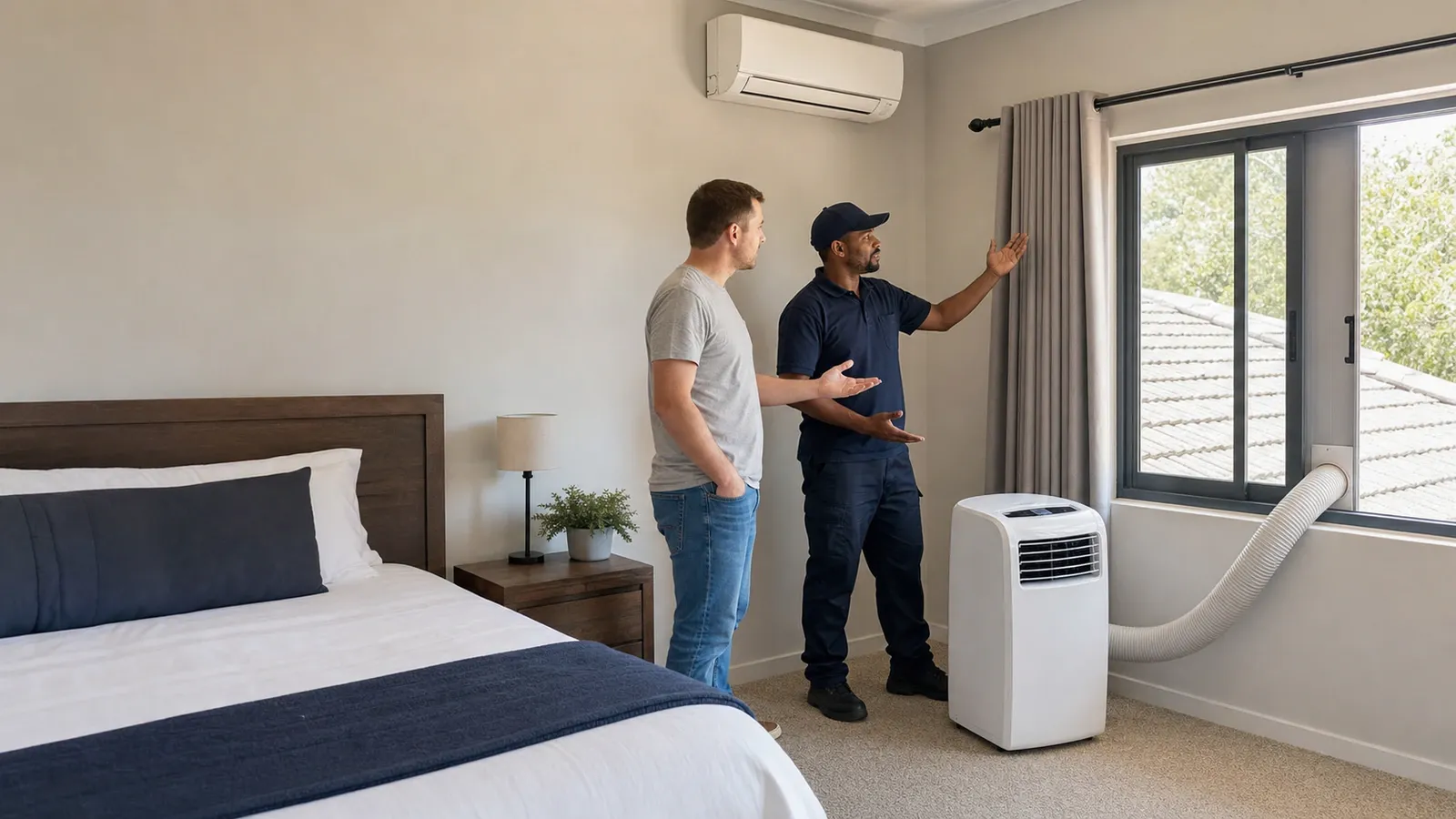 Technician showing a homeowner a floor-standing portable unit and wall-mounted split aircon in a bedroom