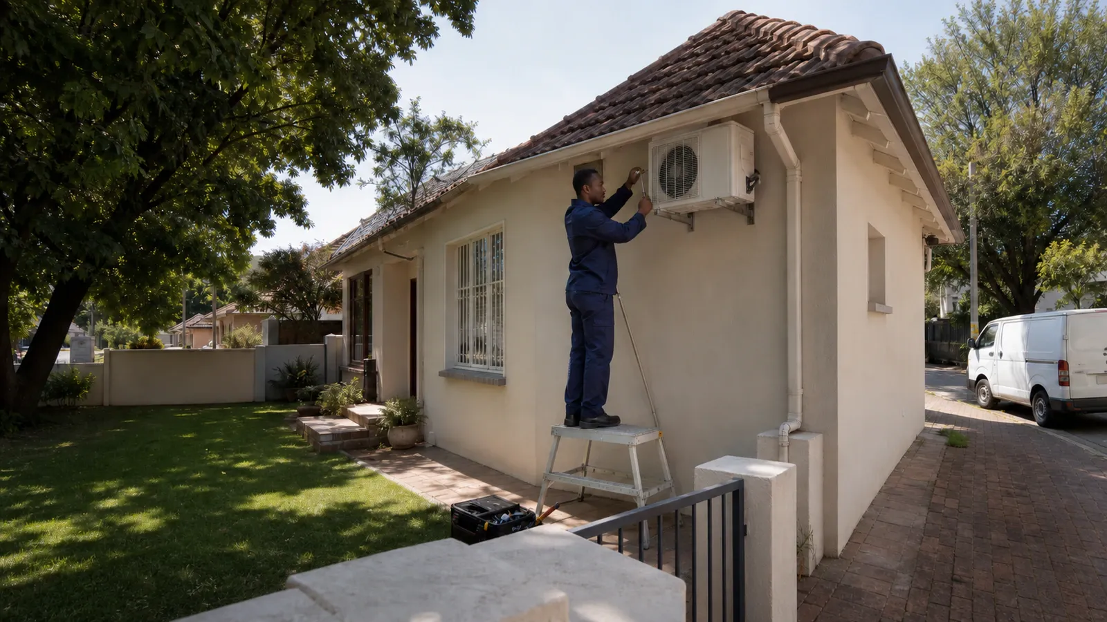 Technician on a step ladder servicing a wall-mounted outdoor aircon condenser under a house eave