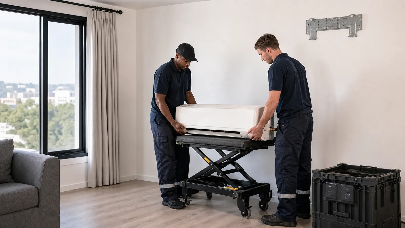 Two technicians lifting an indoor split-unit head onto a wheeled trolley to relocate it