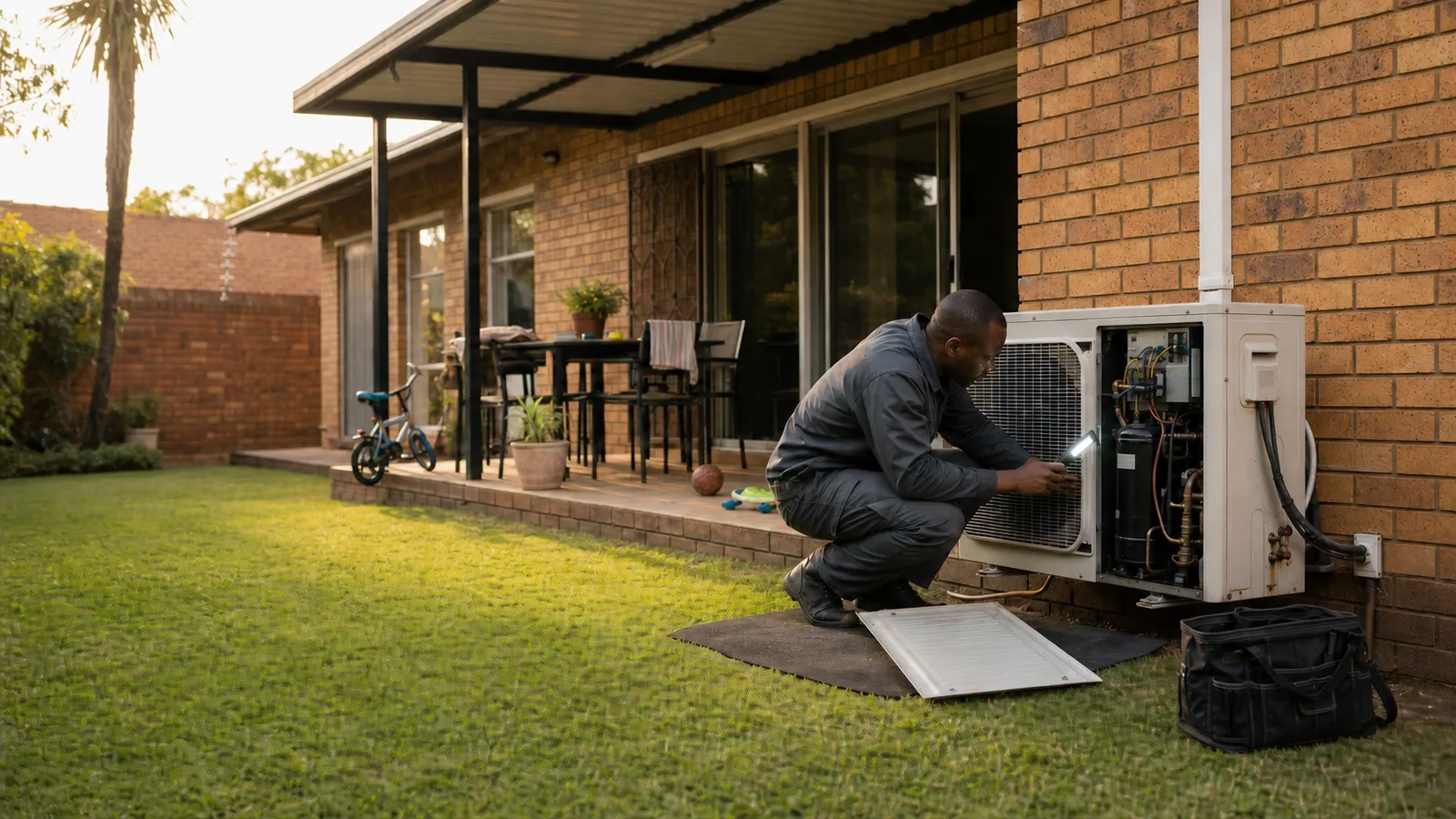 Technician using a torch to inspect an open outdoor aircon condenser on a suburban backyard wall