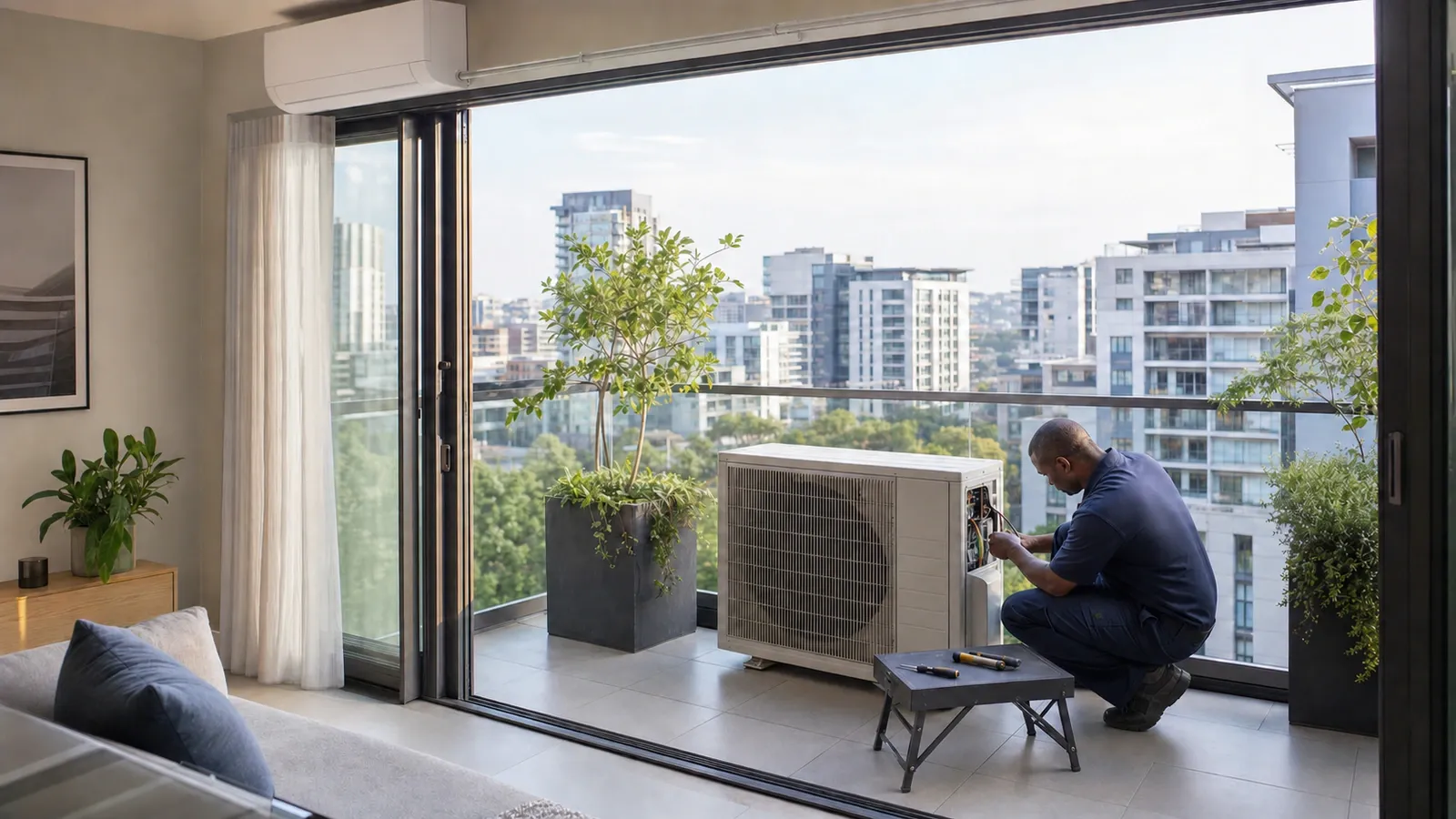 Technician wiring a white outdoor condenser unit on a high-rise apartment balcony overlooking city towers