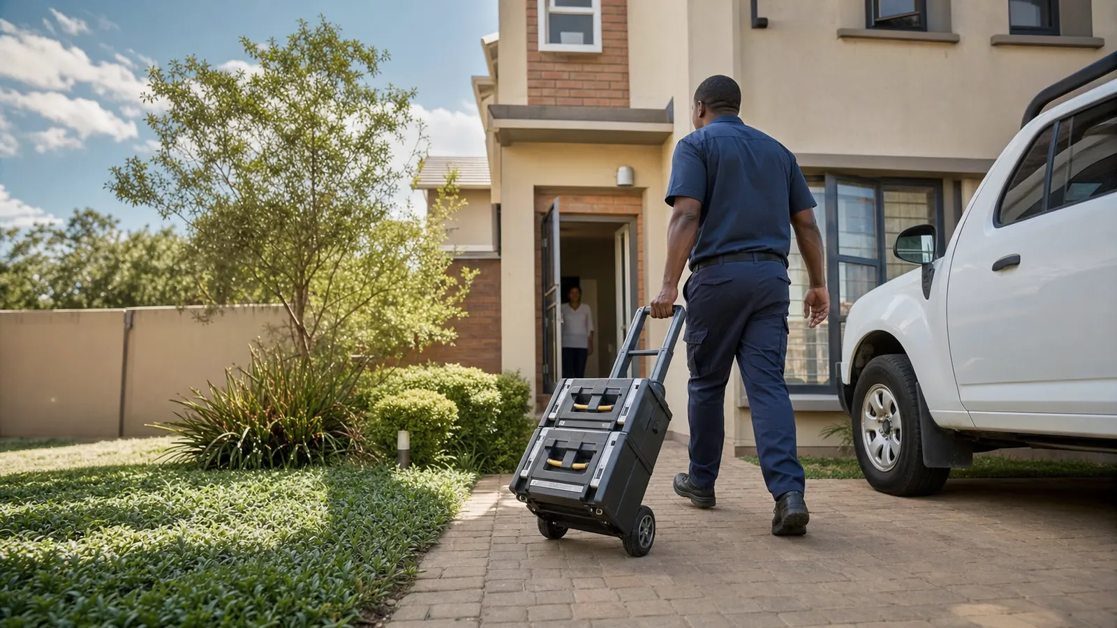 Aircon technician wheeling a tool case up a driveway as the homeowner waits at the door