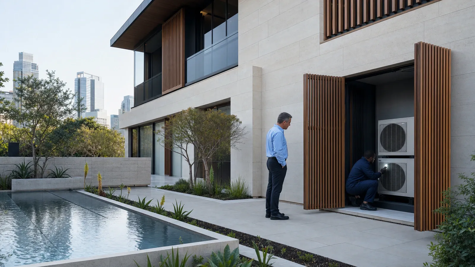 Technician servicing stacked condenser units behind timber screens as a homeowner watches beside a poolside modern home