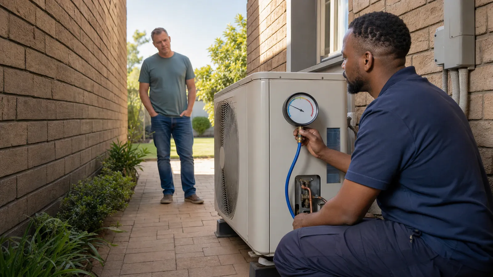 Technician checking refrigerant pressure with a gauge on an outdoor unit while the homeowner watches
