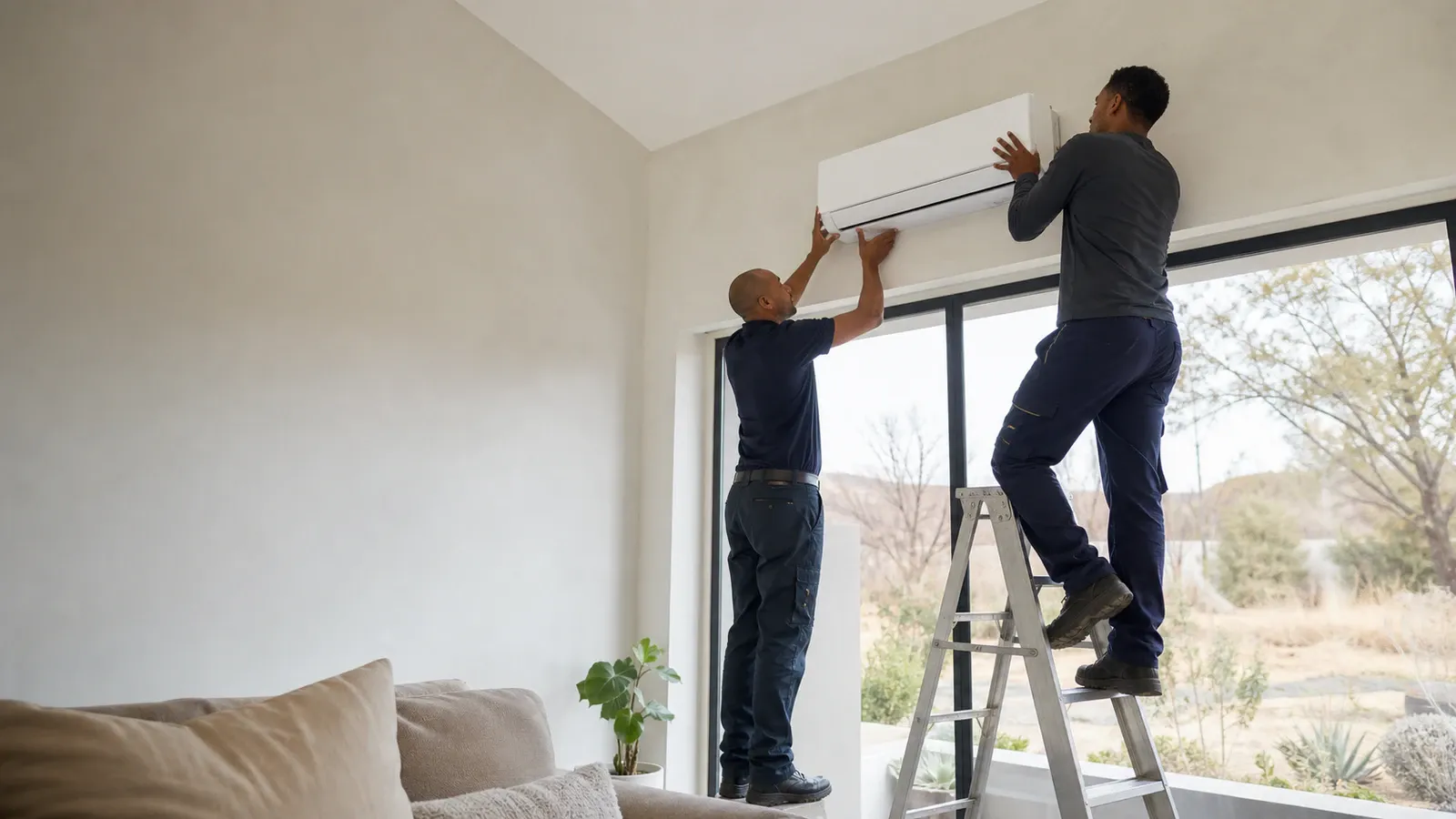 Two installers mounting a white split-unit head high on a lounge wall, one on a stepladder