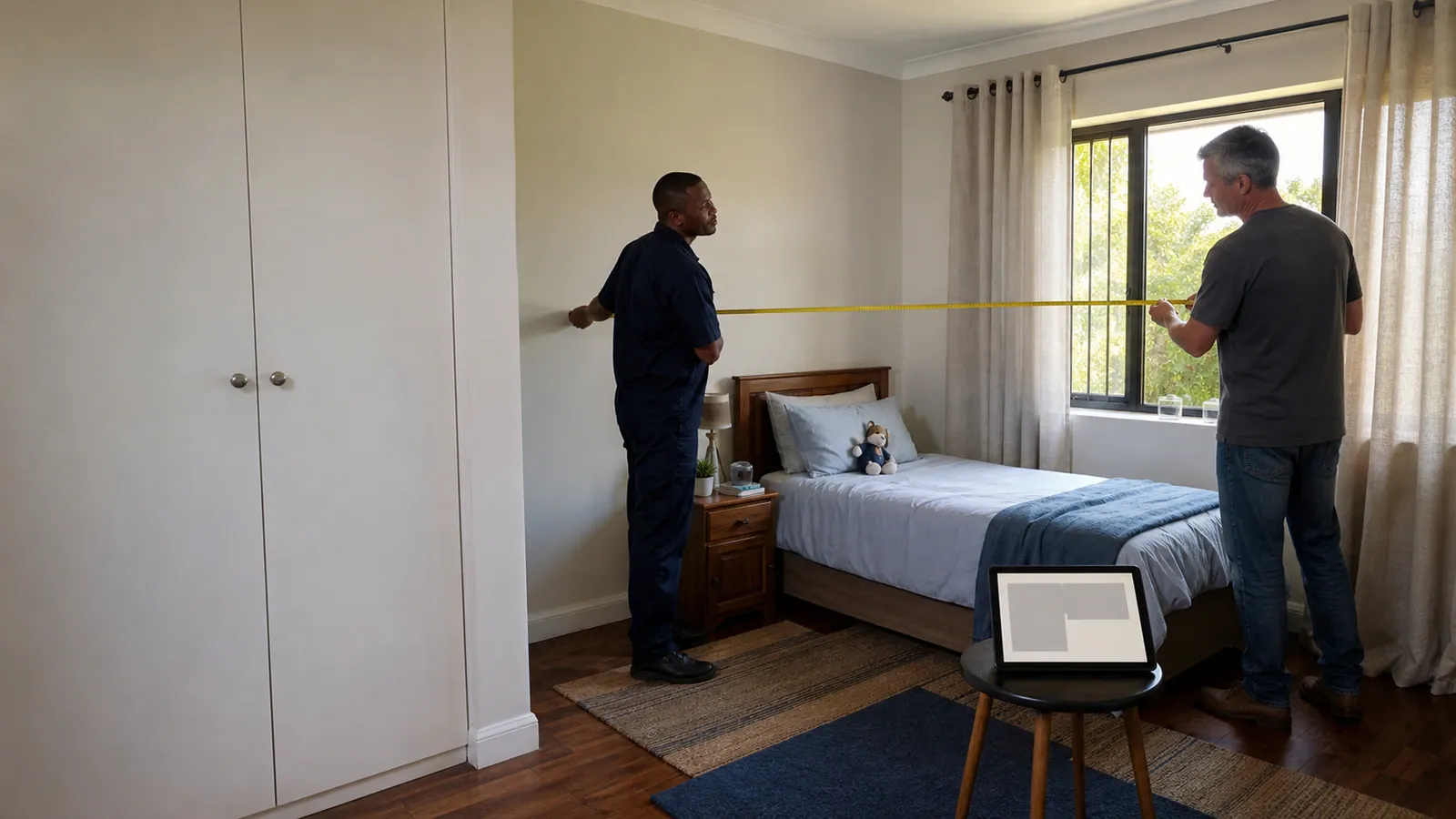 Technician and homeowner measuring a bedroom wall with a tape measure to size an aircon