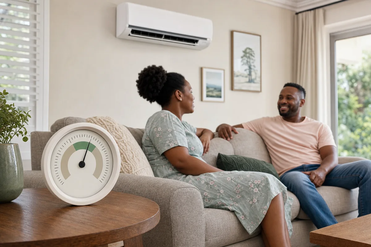Analogue hygrometer beside an operating split aircon in an occupied lounge