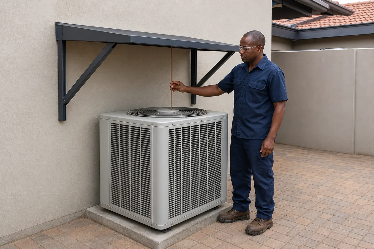 Technician checking the open clearance between an outdoor condenser and its shade canopy