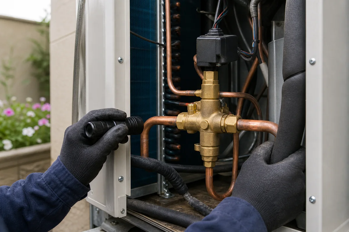 Gloved technician inspecting a brass four-way reversing valve inside an open condenser