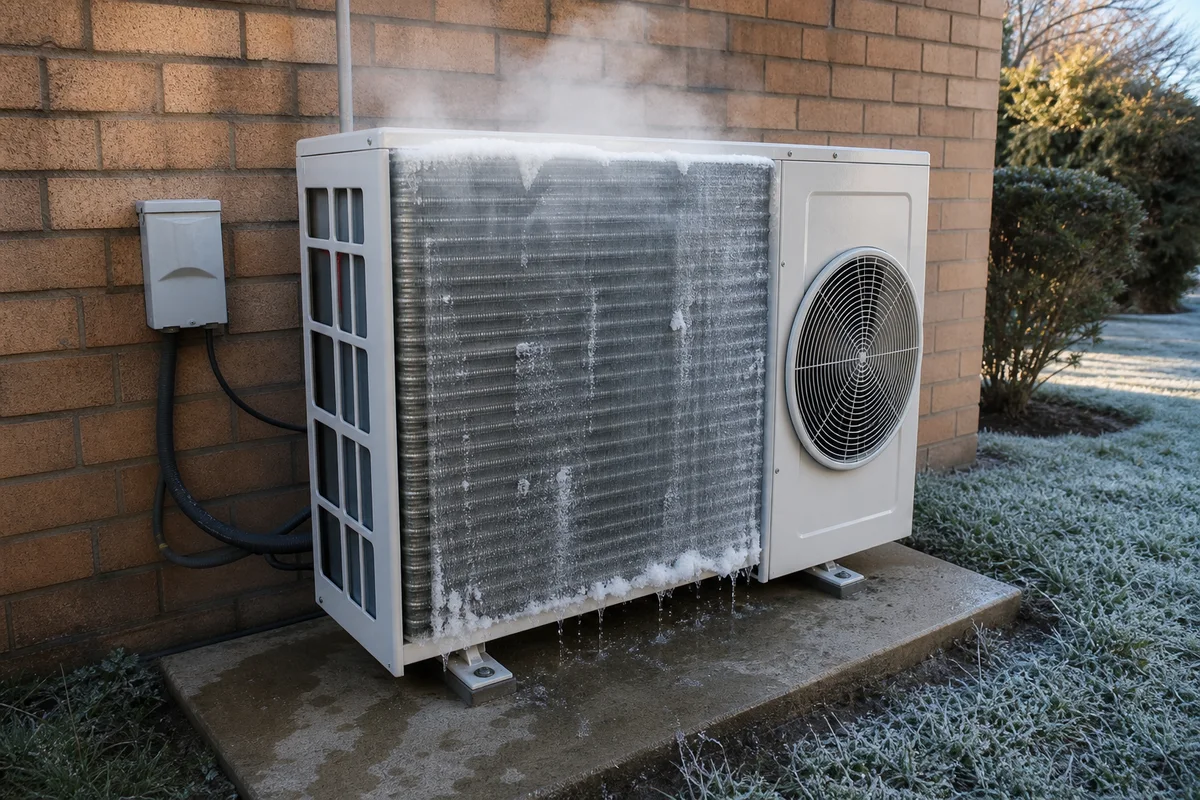 Outdoor heat-pump condenser releasing light vapour and meltwater during a frosty defrost cycle
