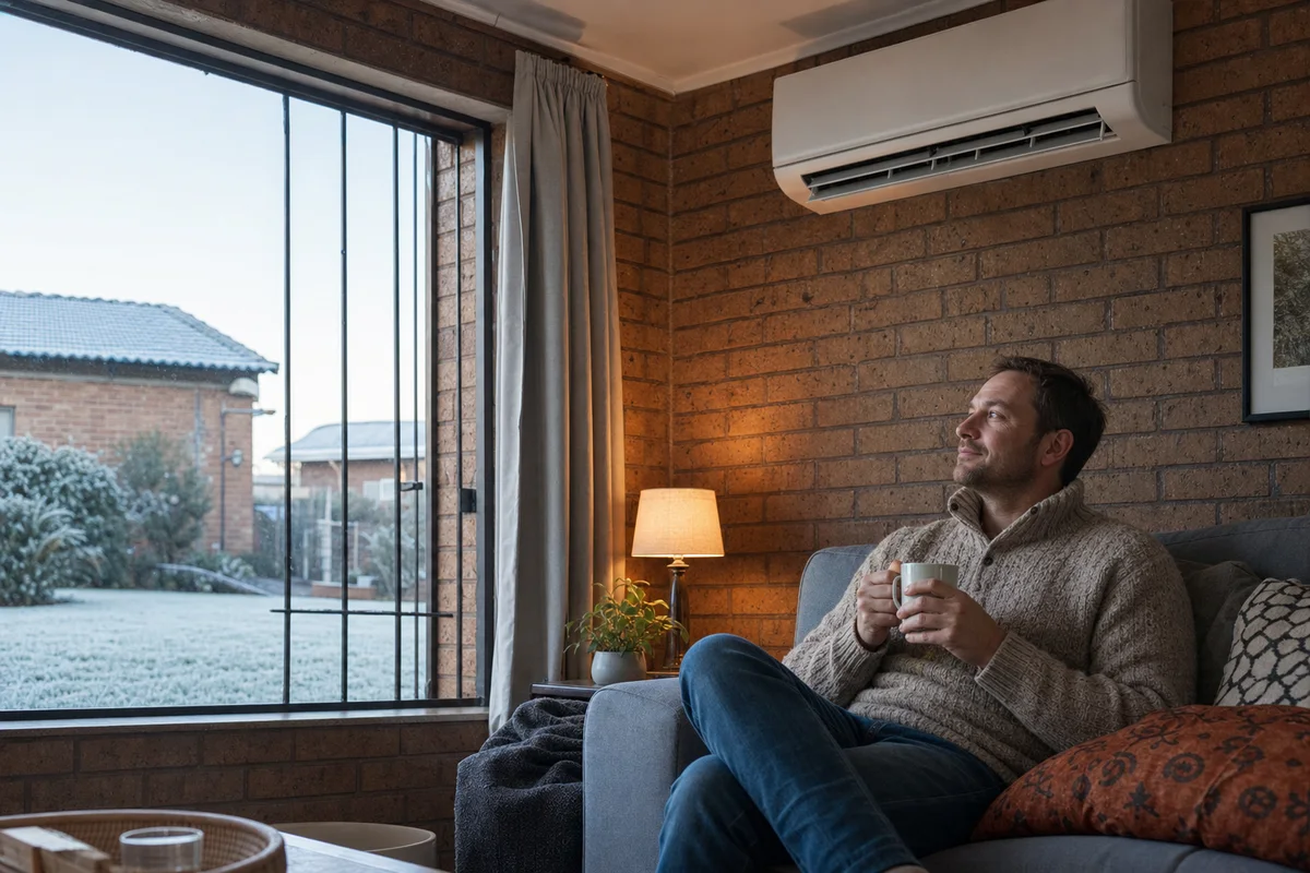 Sweatered homeowner holding a mug beneath a wall split as frost covers the garden outside