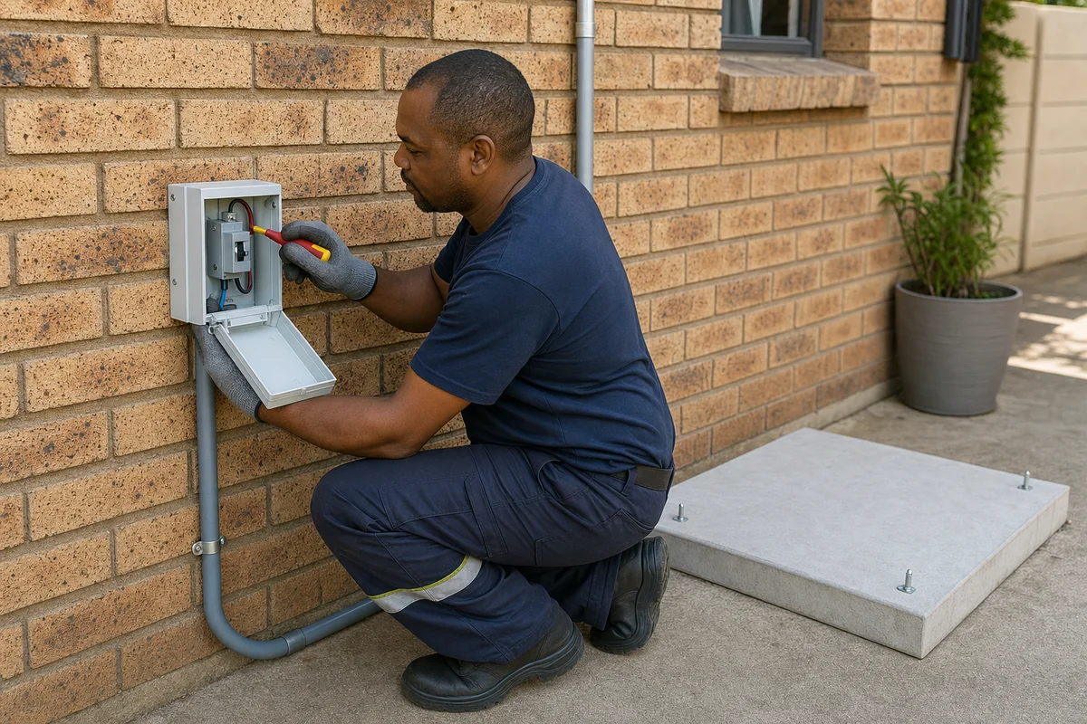 Electrician fitting a weatherproof isolator beside an empty outdoor condenser pad