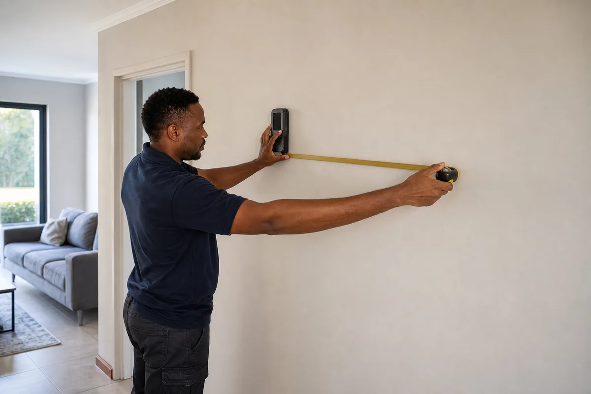 Installer surveying a Johannesburg interior wall with a scanner and tape measure
