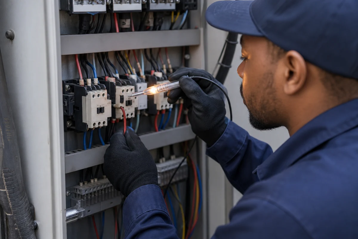 Technician checking a contactor coil with a simple illuminated test lamp