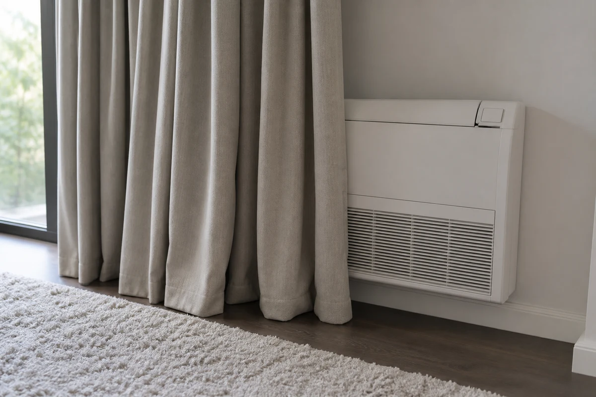 Tall curtain blocking the return-air intake of a wall-mounted unit