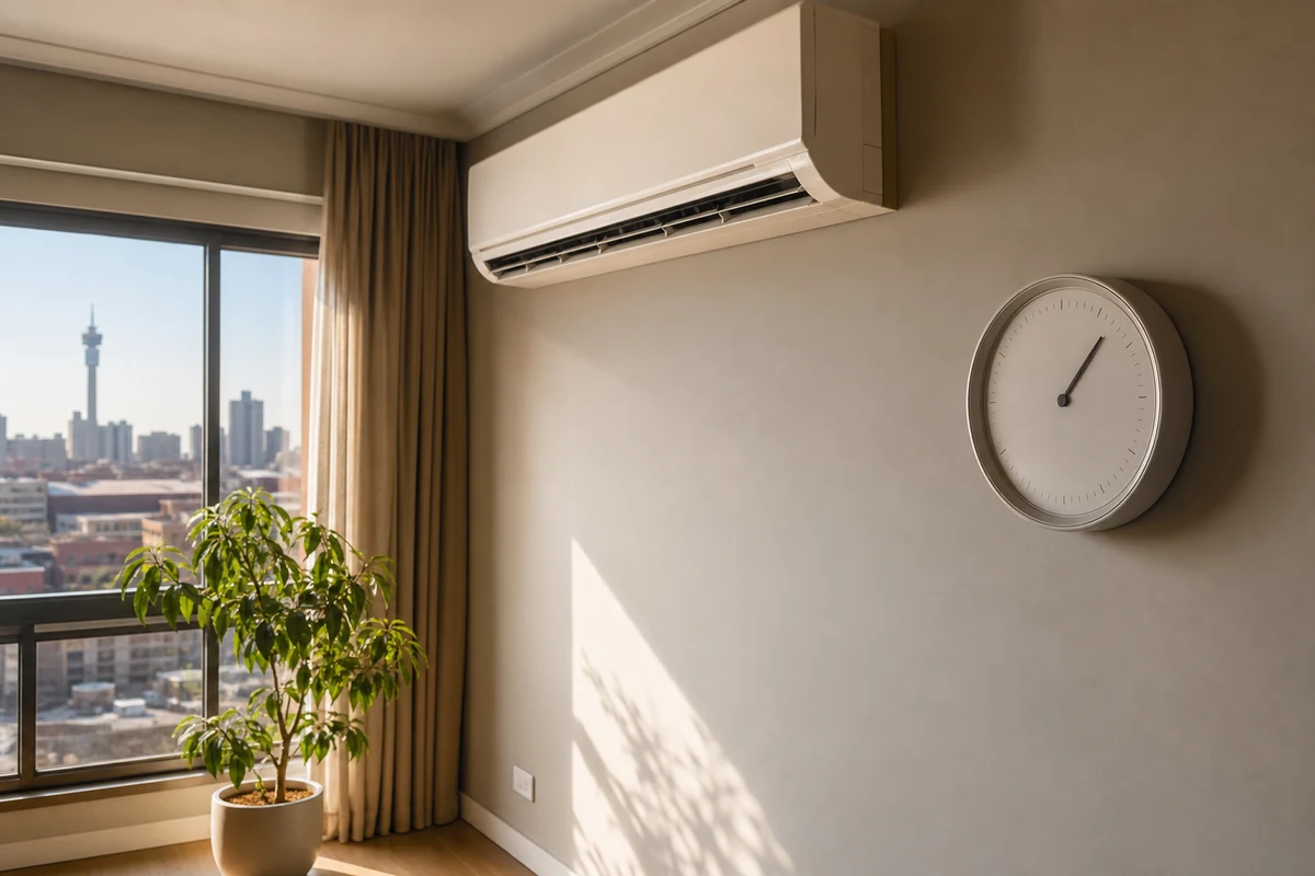 Sunlit hot room with a running split unit and blank analogue thermometer