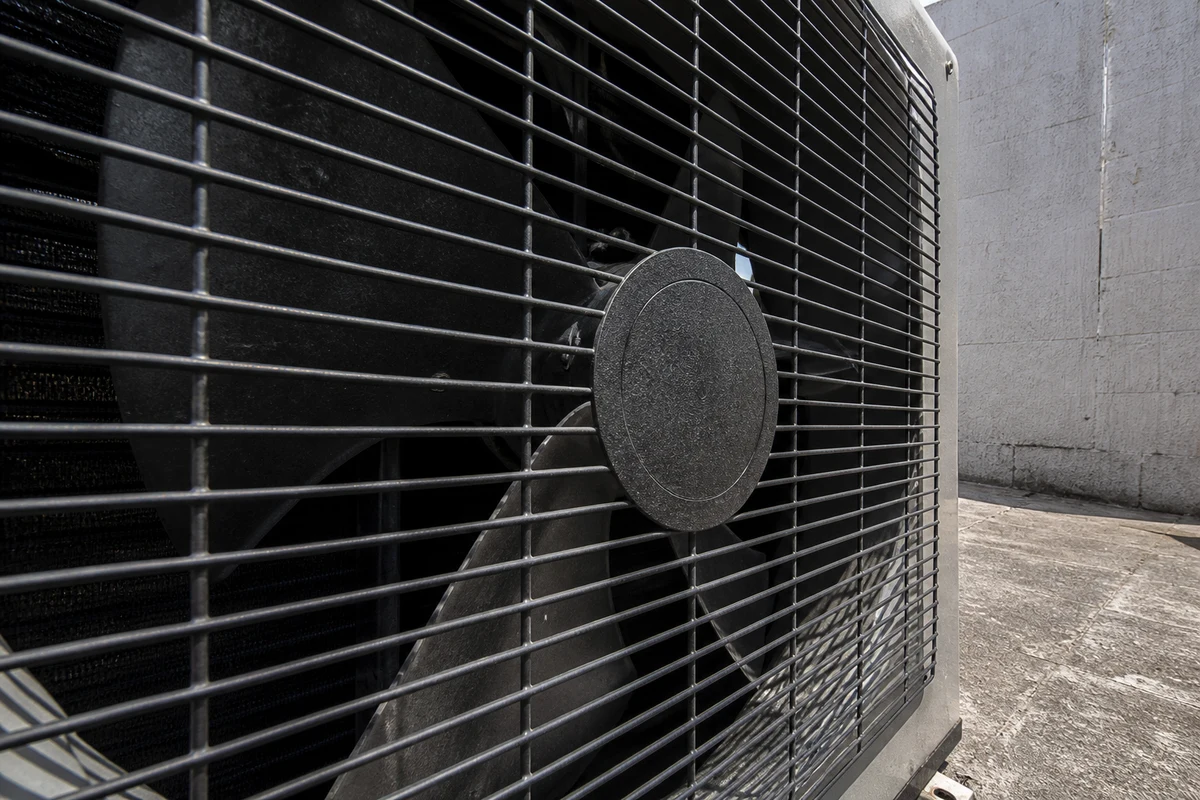 Stationary outdoor condenser fan in bright heat while cooling is requested
