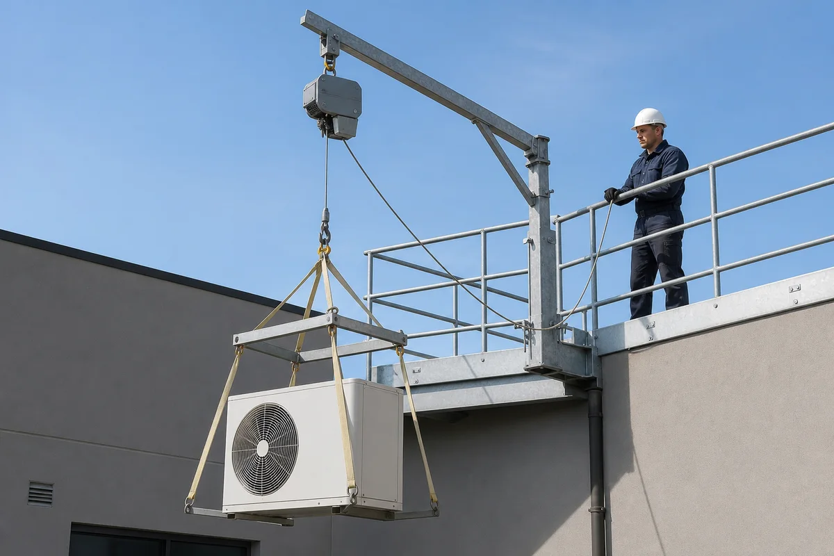 Small rooftop material hoist lifting one aircon condenser with four-point rigging