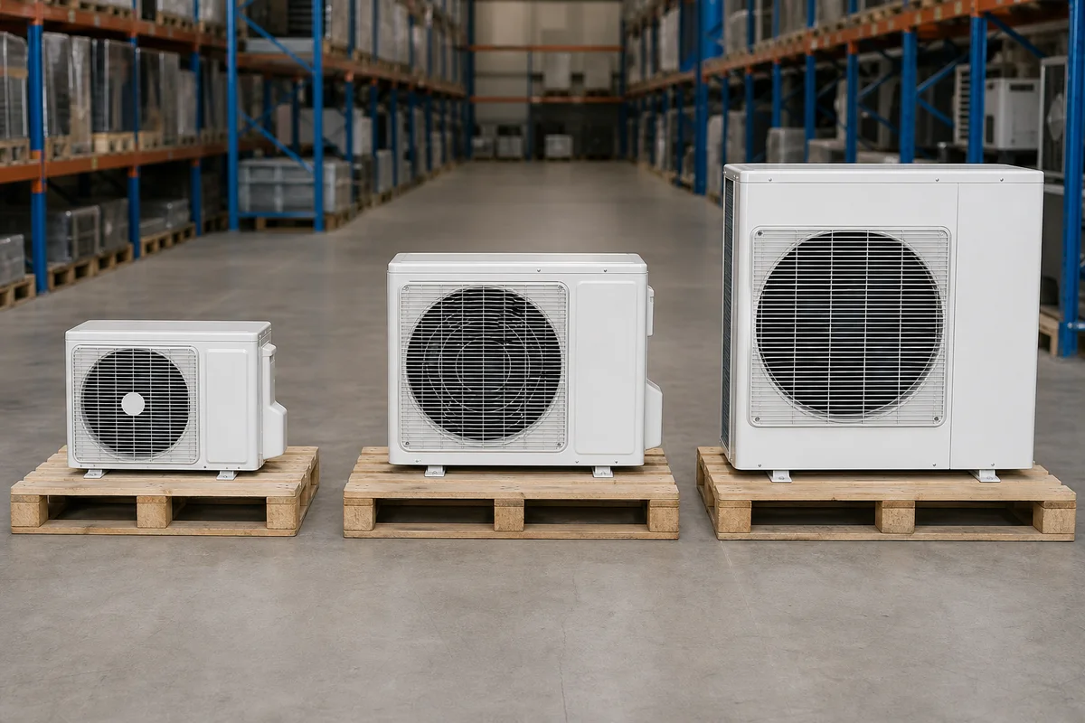 Three different-size unbranded aircon condensers displayed on separate warehouse pallets