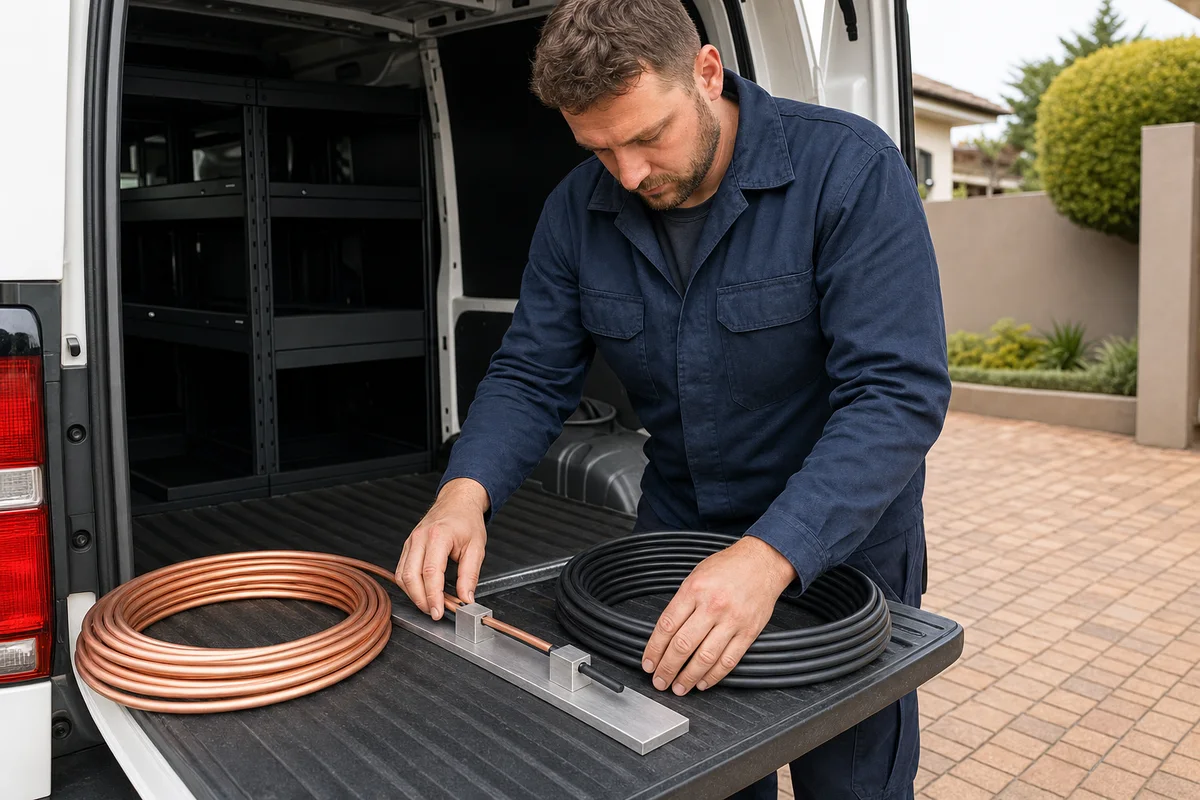 Technician measuring copper tubing and electrical cable at a service-van tailgate