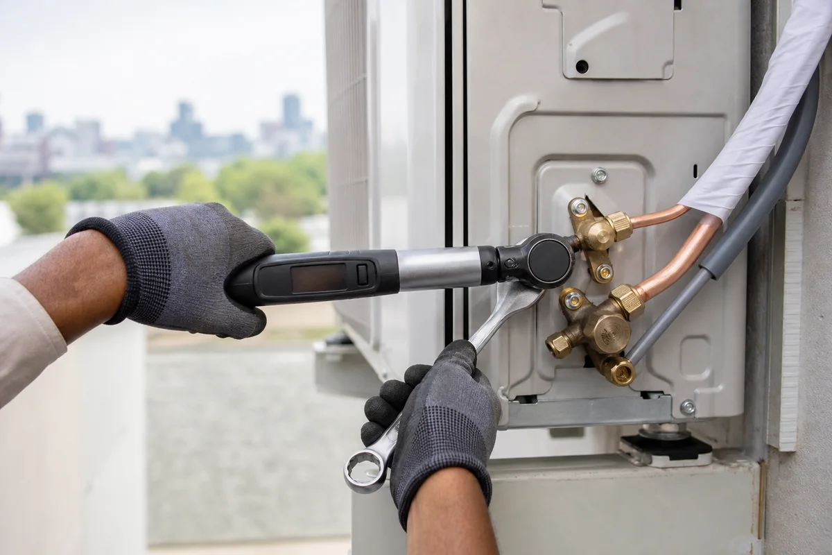 Electronic torque wrench tightening a copper flare connection on an outdoor unit