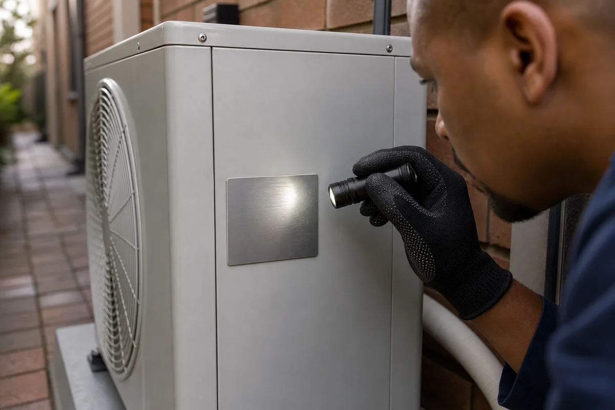 Technician inspecting the generic data plate on an outdoor aircon unit