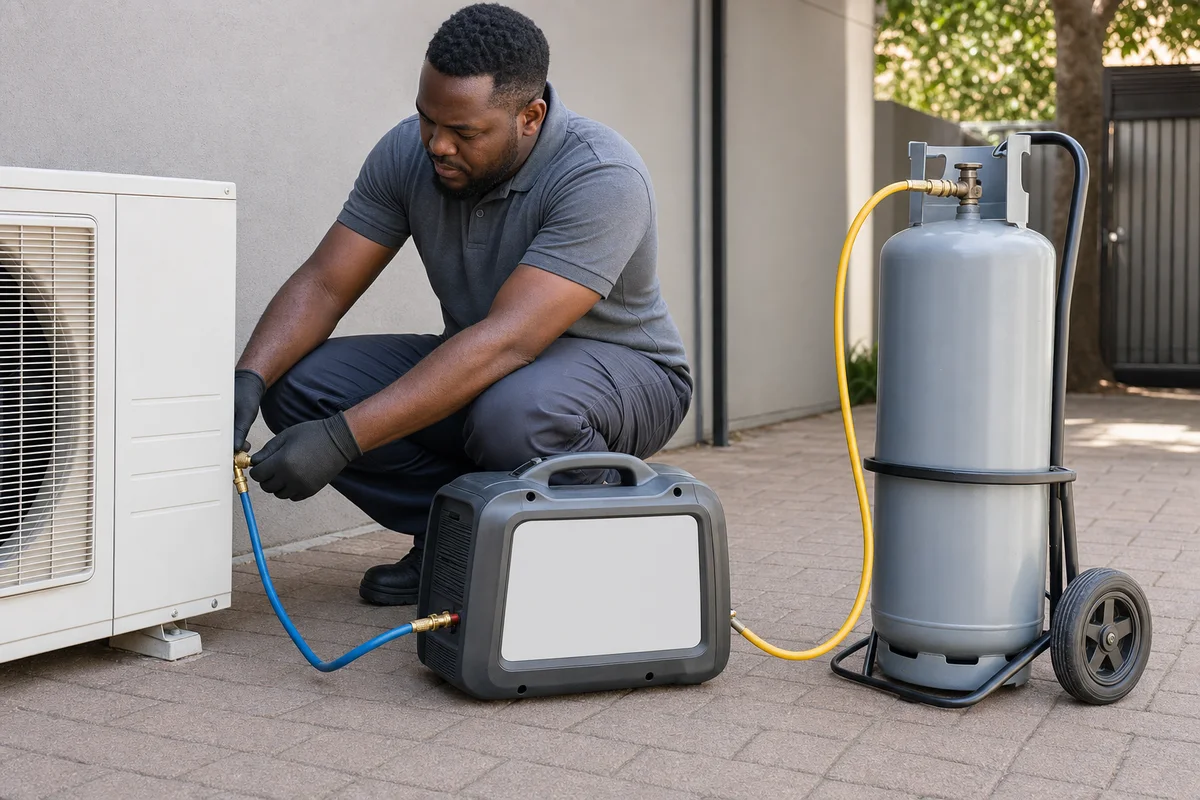 Recovery machine transferring refrigerant into a secured upright cylinder