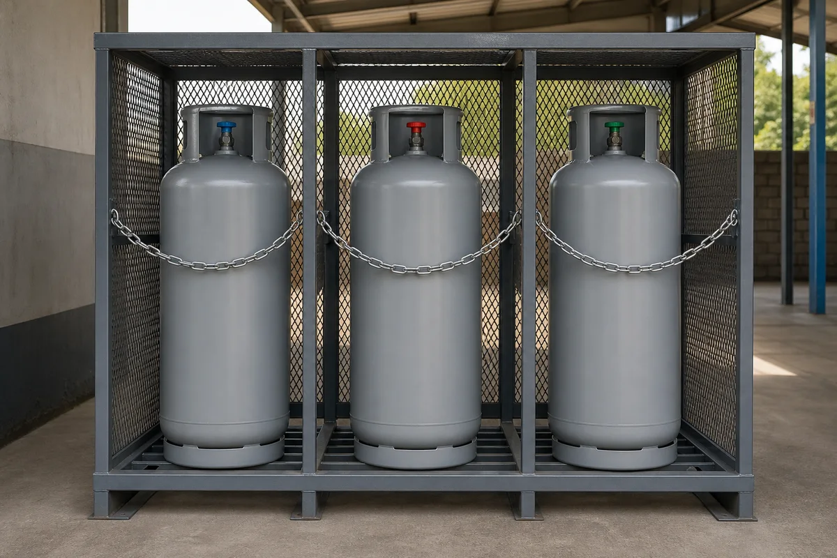 Three unlabelled refrigerant cylinders secured upright in a ventilated safety rack