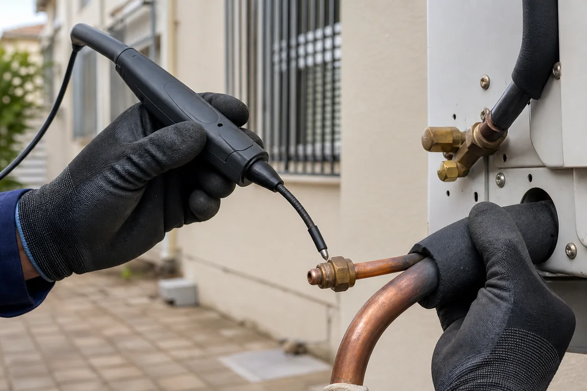Electronic leak-detector probe held over a copper flare joint beside an outdoor unit
