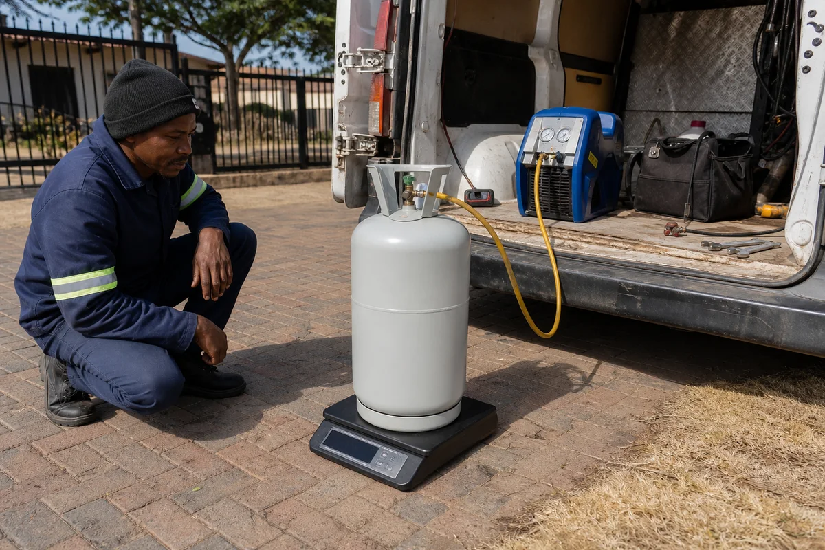 Refrigerant recovery cylinder standing on a digital scale beside an open service van