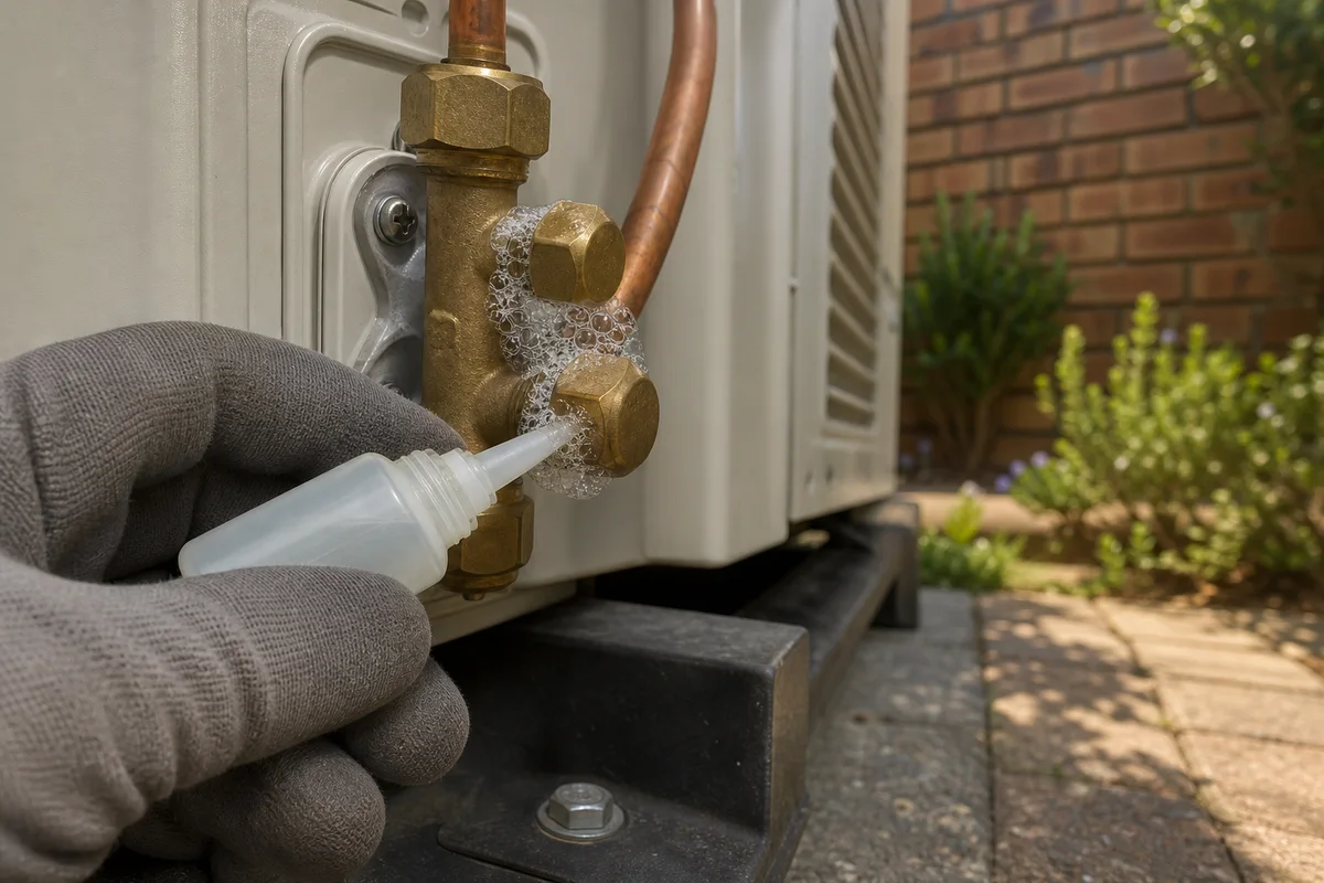 Soap bubbles forming around a condenser service valve during a close leak test