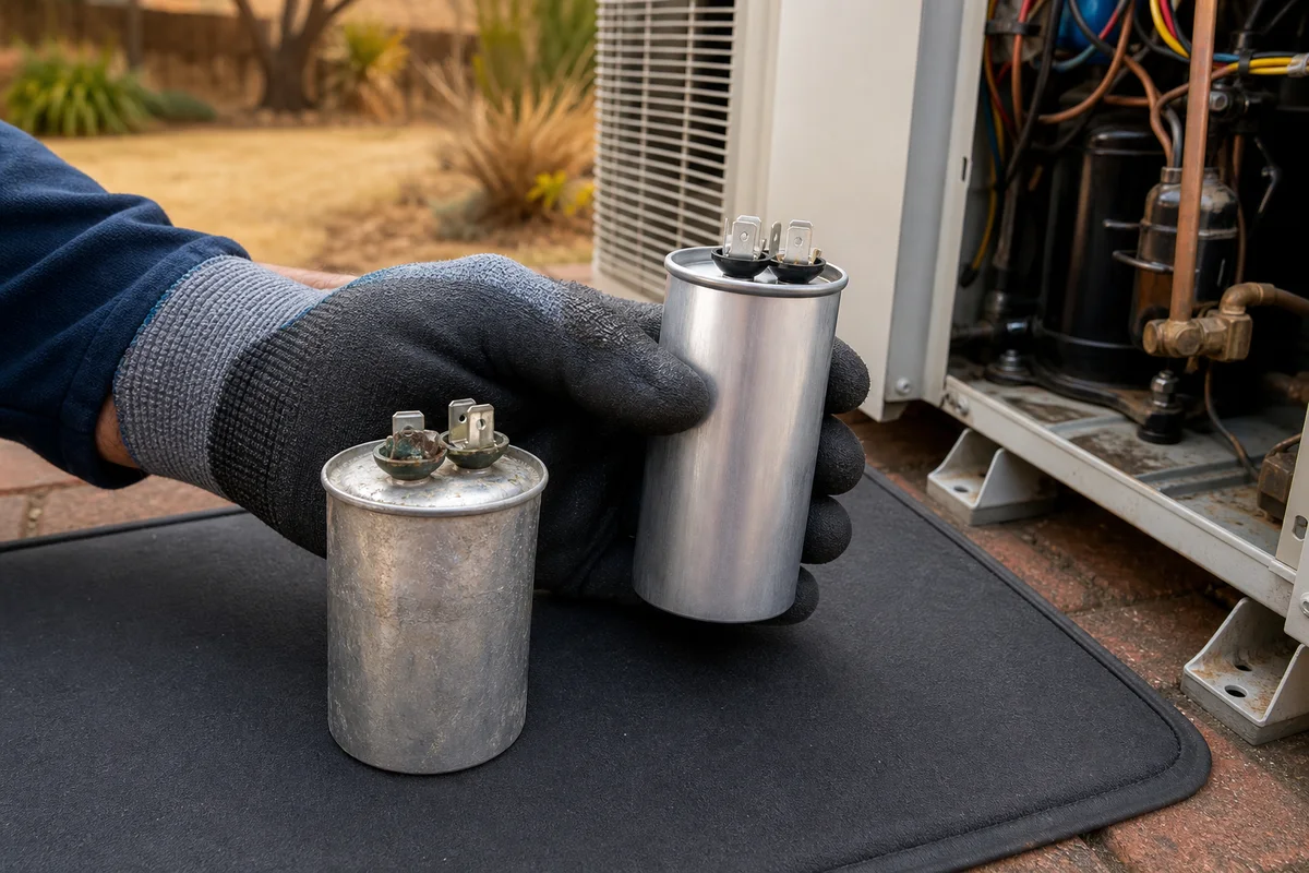 Worn corroded aircon capacitor compared with a clean replacement in a gloved hand