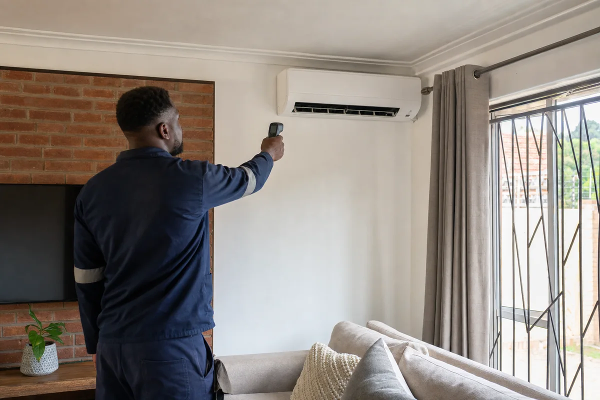 Technician aiming an infrared thermometer at the open louvres of a wall-mounted air conditioner